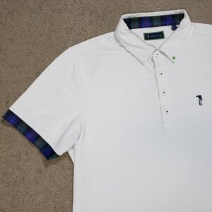 William Murray Golf Polo Shirt M White Tartan Plaid Trim Performance Stretch